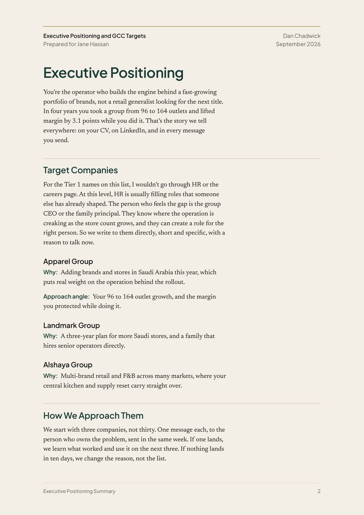 Inside page of the sample positioning document for Jane Hassan: the executive positioning in one paragraph, then target companies, each with why it fits and the angle to open on, and how to approach them