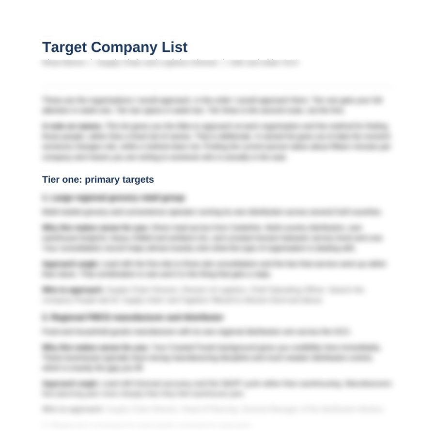 Sample target company list, first page